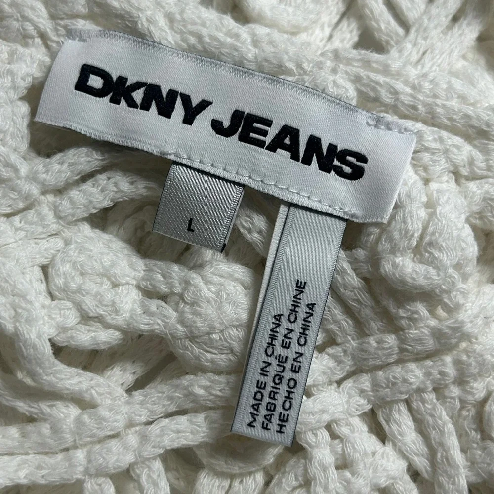 DKNY Jeans Womens Ivory Macrame Crochet Fringe Hem Sleeveless Tank Top Large New